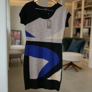 NWT Vertigo dress sweater dress cobalt blue,black& stone wool blend flattering